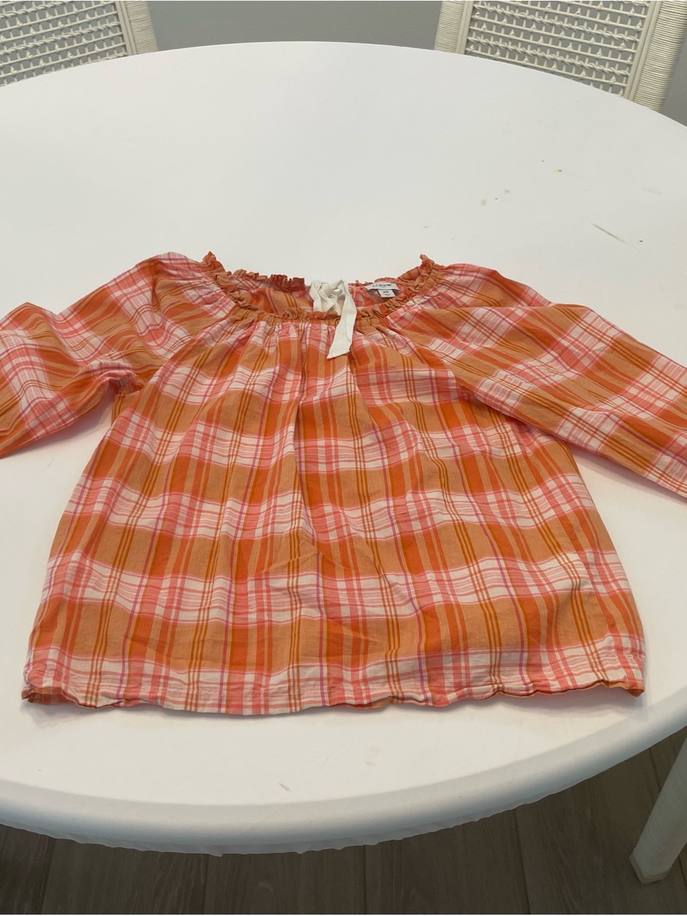 J. Crew Orange and Pink Plaid Off-Shoulder Peasant Blouse